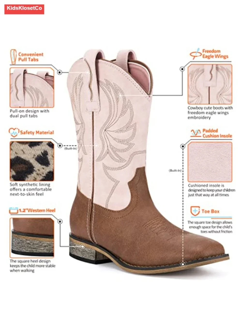 Square Toe Western Cowboy Boots with Walking Heel